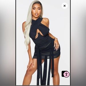 Shape Black Mesh Wrap Neck Tie Detail Bodycon Dress